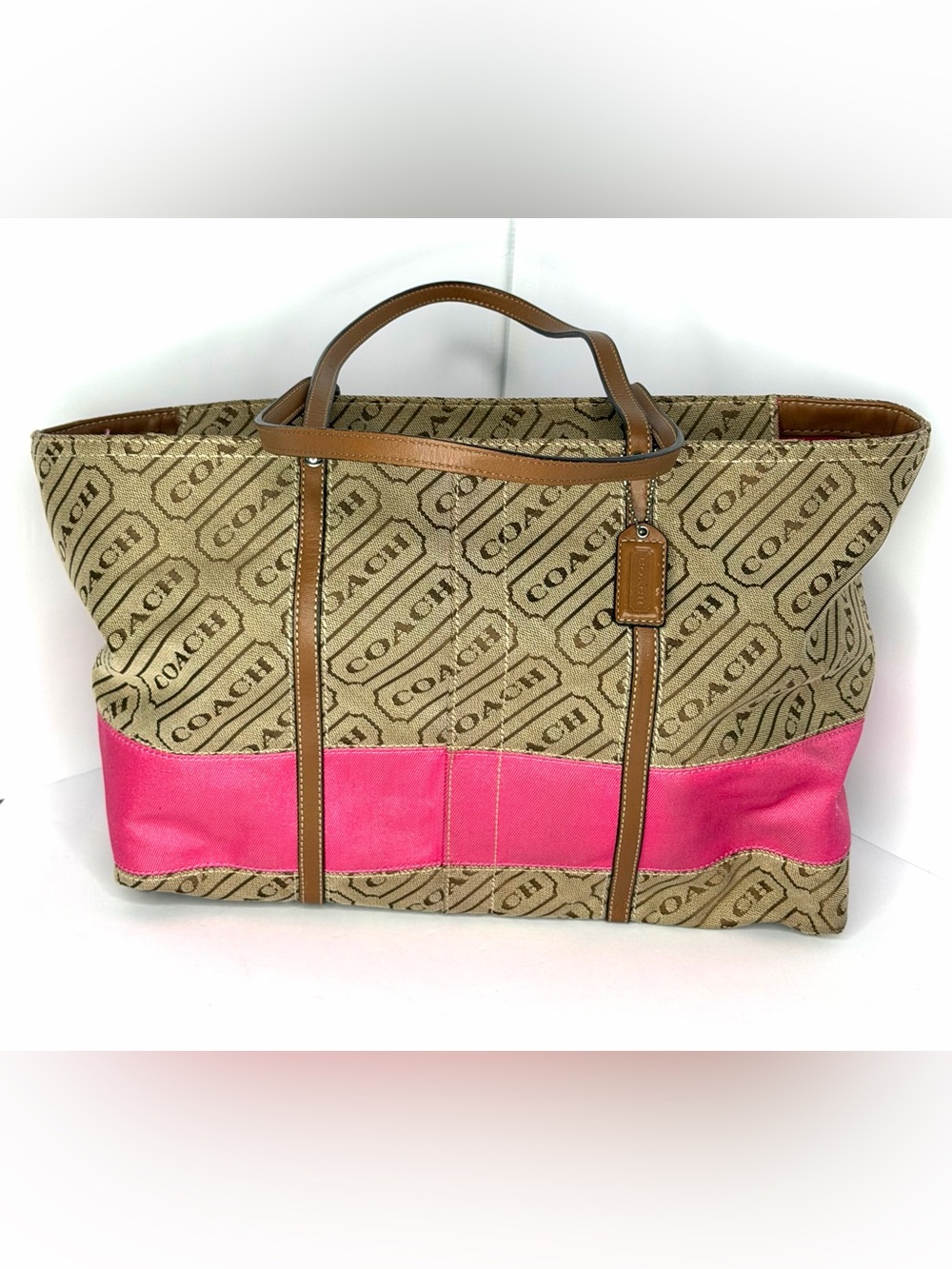 Coach Tan Signature Canvas Tote with Pink Band